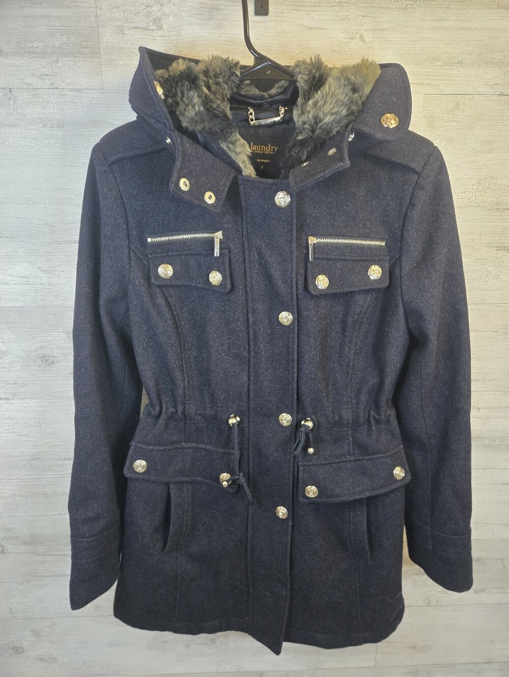 Laundry By Shelli Segal Navy Hooded Wool-Blend Trench Coat with Faux Fur Trim